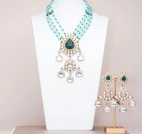 Hadia Emerlad & Mint Luxury Mala & Earring Set By Jaipur Rose Luxury Indian Jewelry Online