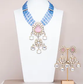 Hadia Pink & Blue Luxury Mala & Earring Set By Jaipur Rose Luxury Indian Jewelry Online