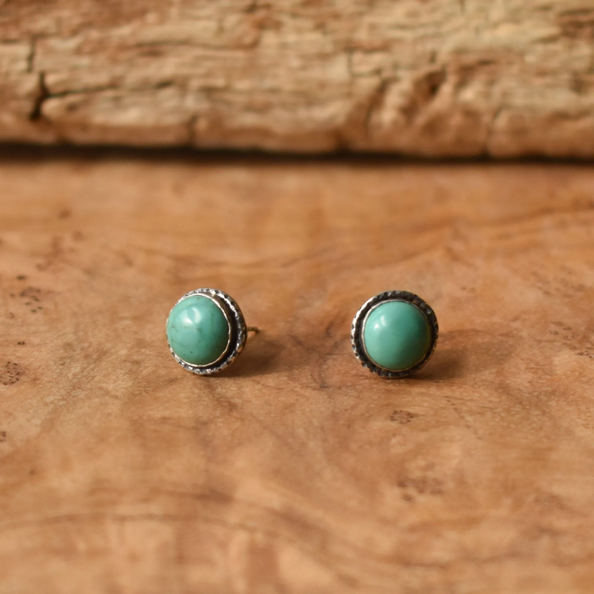 Hammered Turquoise Posts - American Turquoise Earrings - Turquoise Studs - Silversmith