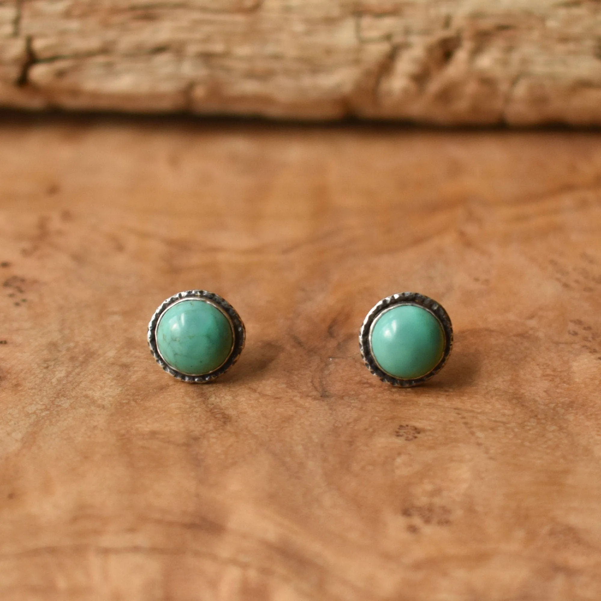 Hammered Turquoise Posts - American Turquoise Earrings - Turquoise Studs - Silversmith