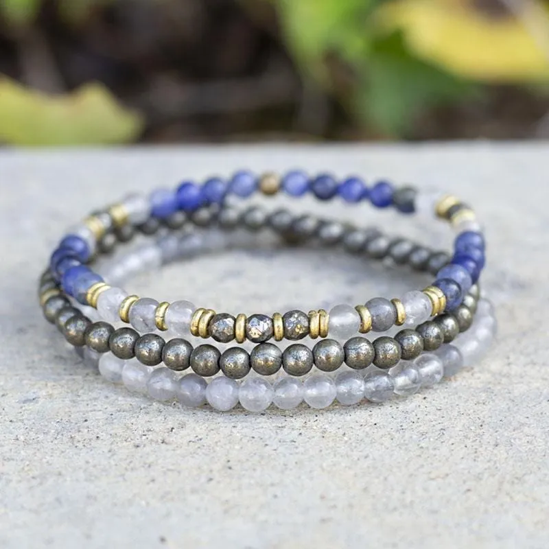 Intuition and Strength Sodalite Quartz Crystal and Pyrite Delicate Bracelet Stack