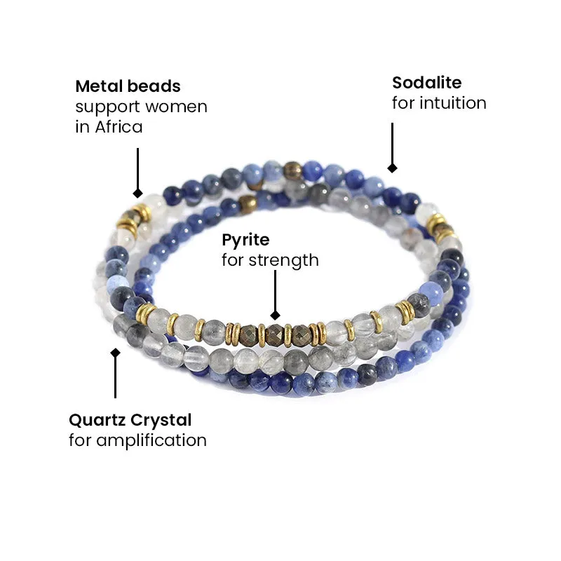 Intuition and Strength Sodalite Quartz Crystal and Pyrite Delicate Bracelet Stack