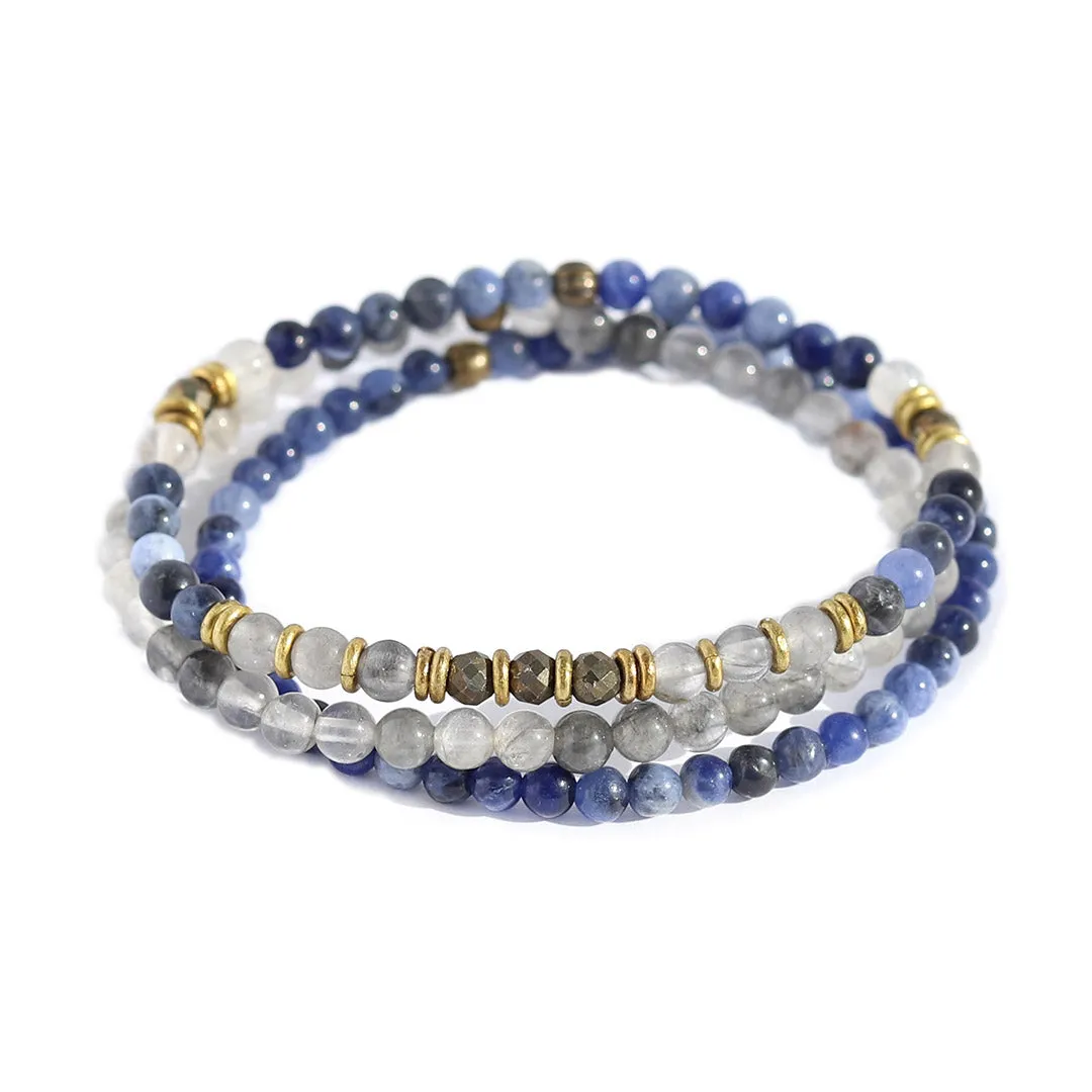 Intuition and Strength Sodalite Quartz Crystal and Pyrite Delicate Bracelet Stack