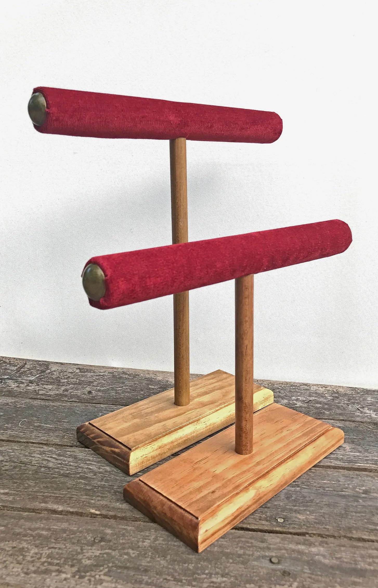 Jewelry Display, Bracelet Stand, Necklace Holder, Necklace Stand, Jewelry Storage, Wooden T-Bar Jewelry Set, Red Velvet