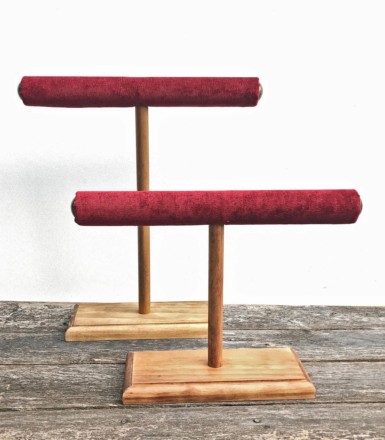 Jewelry Display, Bracelet Stand, Necklace Holder, Necklace Stand, Jewelry Storage, Wooden T-Bar Jewelry Set, Red Velvet