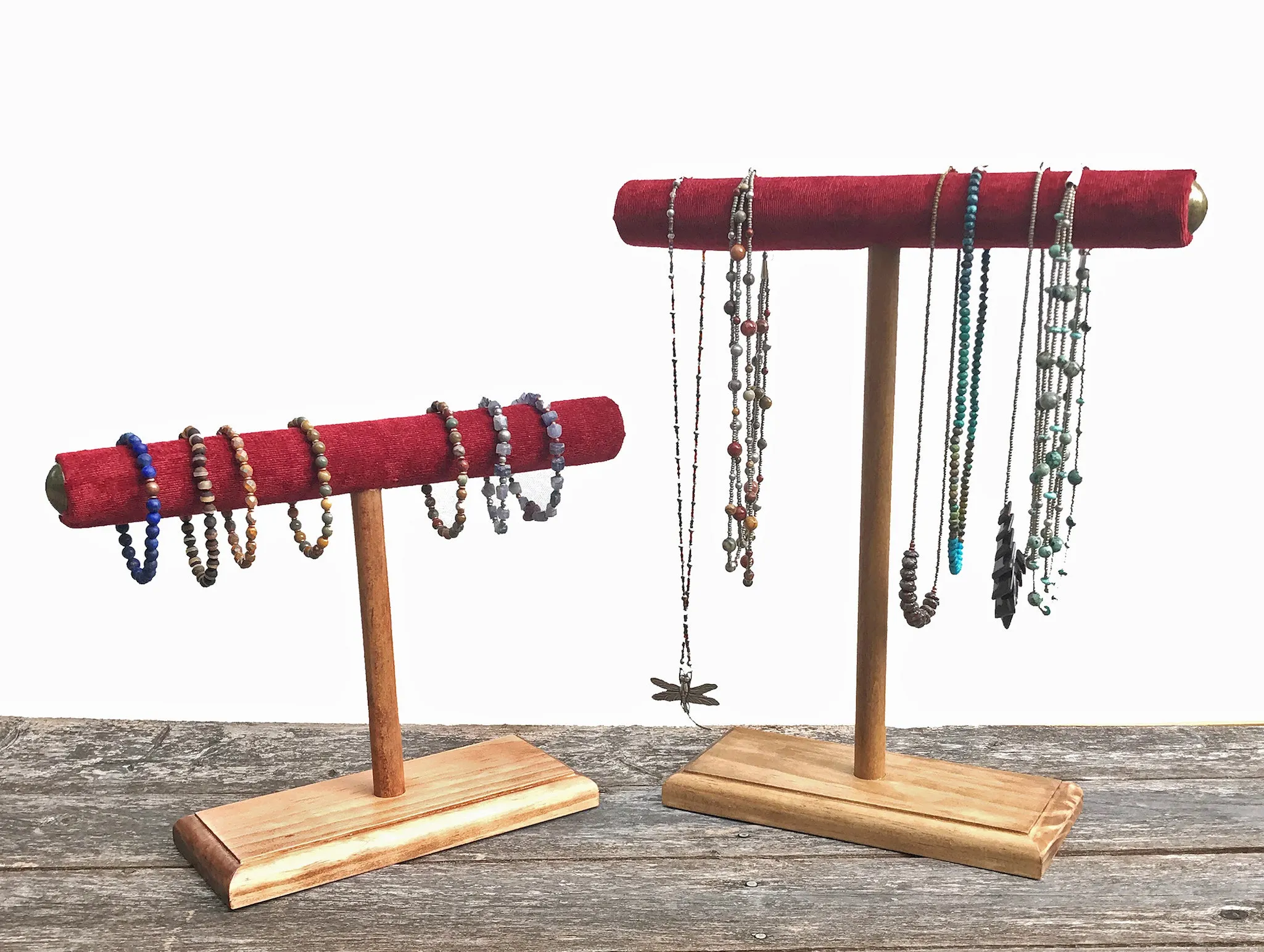 Jewelry Display, Bracelet Stand, Necklace Holder, Necklace Stand, Jewelry Storage, Wooden T-Bar Jewelry Set, Red Velvet