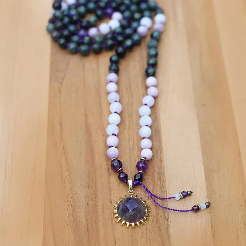 Kambaba Jasper Kunzite and Moonstone Hand Knotted Mala