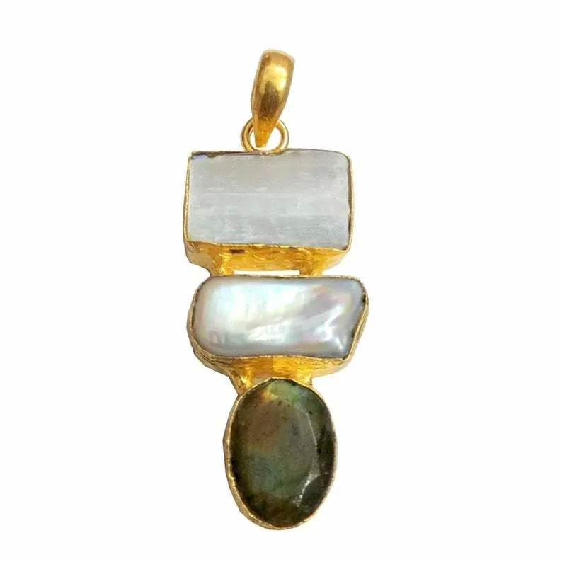 Natural Selenite, Labradorite And Pearl June Birthstone Designer Pendant