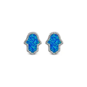 Opal Hamsa Halo Stud Earrings Rhodium Plated