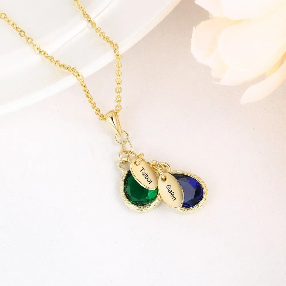 Personalized 2 Names 2 Stones Water Drop Necklace