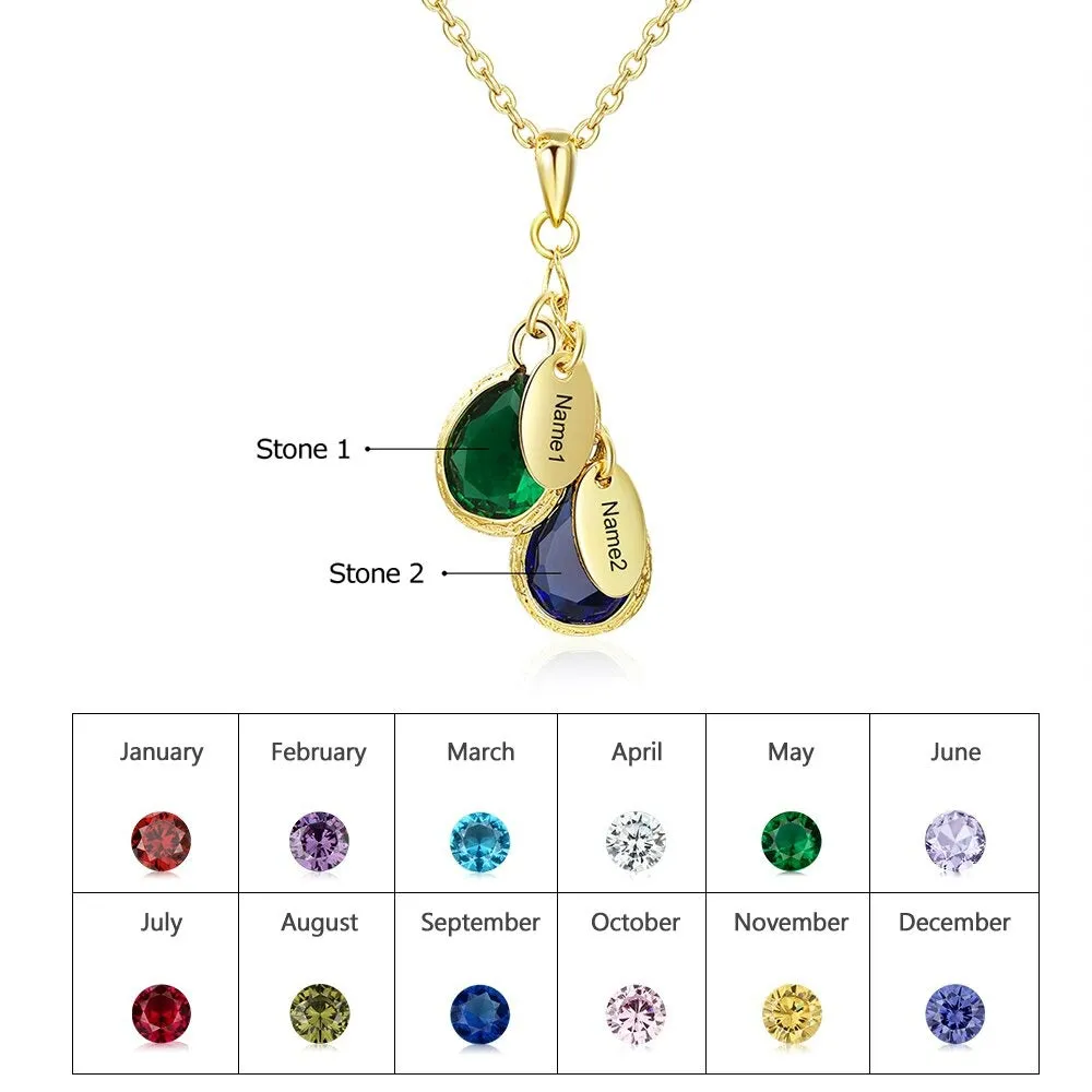 Personalized 2 Names 2 Stones Water Drop Necklace