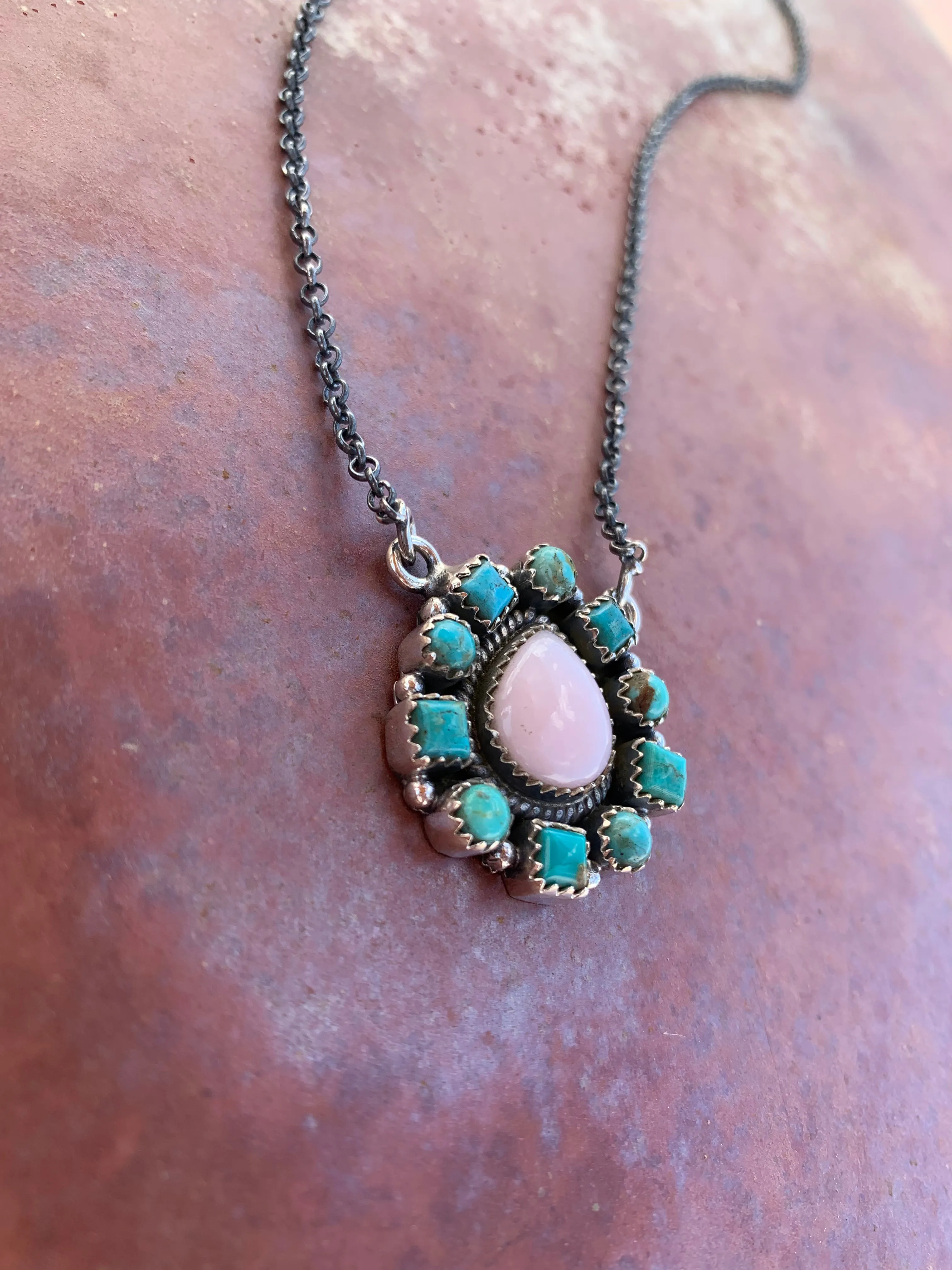 Pink Opal & Turquoise Cluster necklace