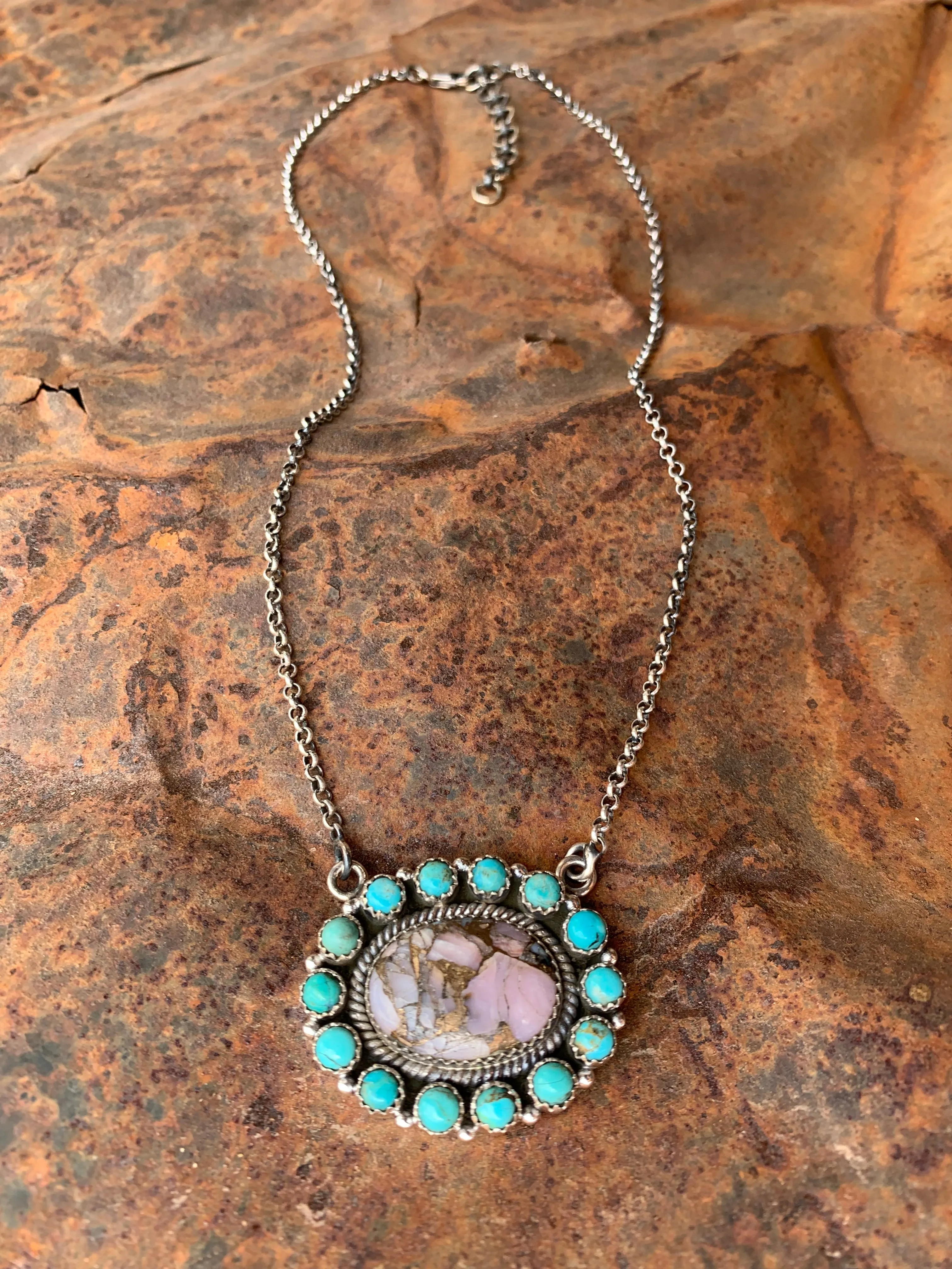 Pink Opal & Turquoise Cluster necklace