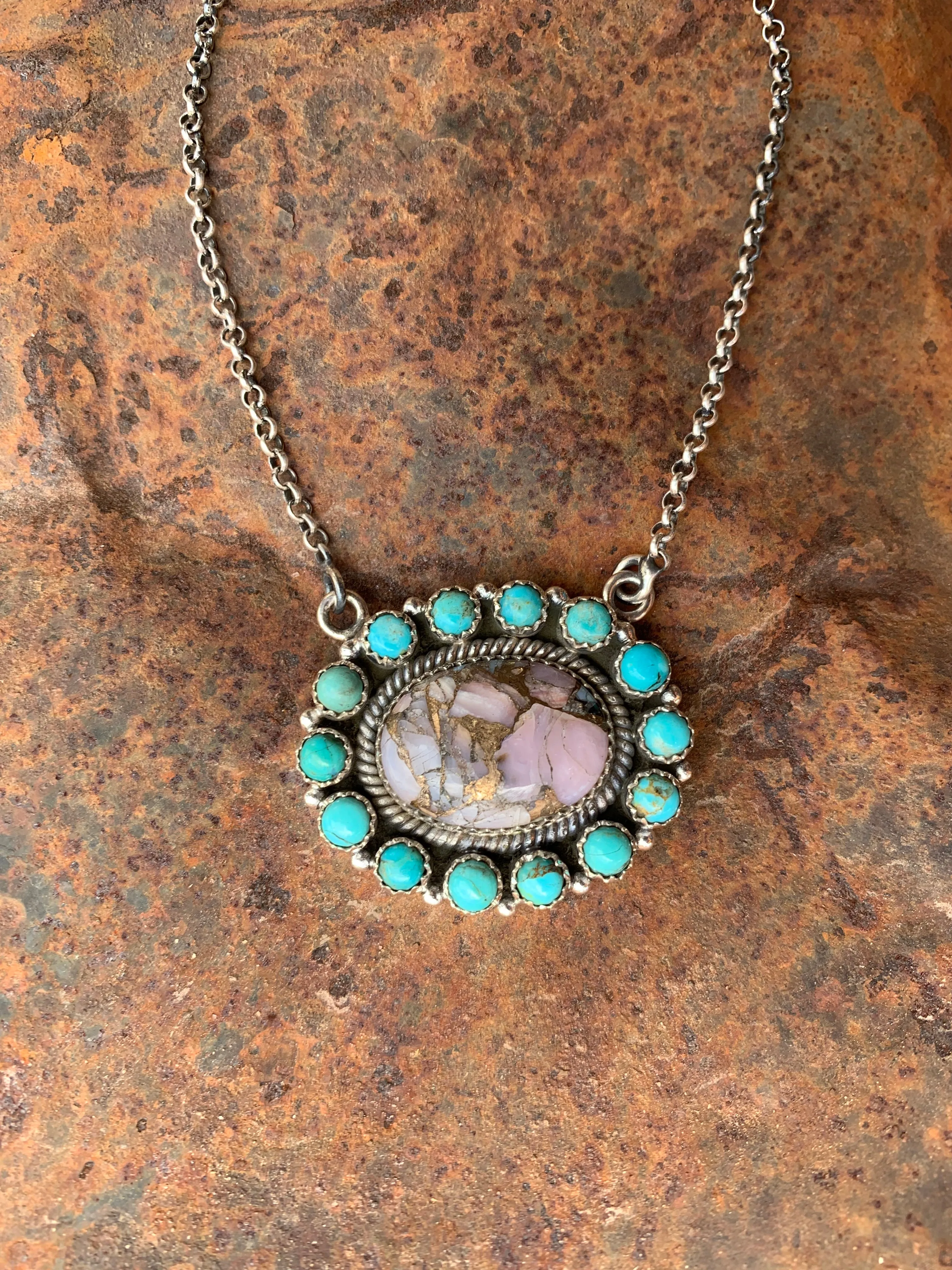 Pink Opal & Turquoise Cluster necklace