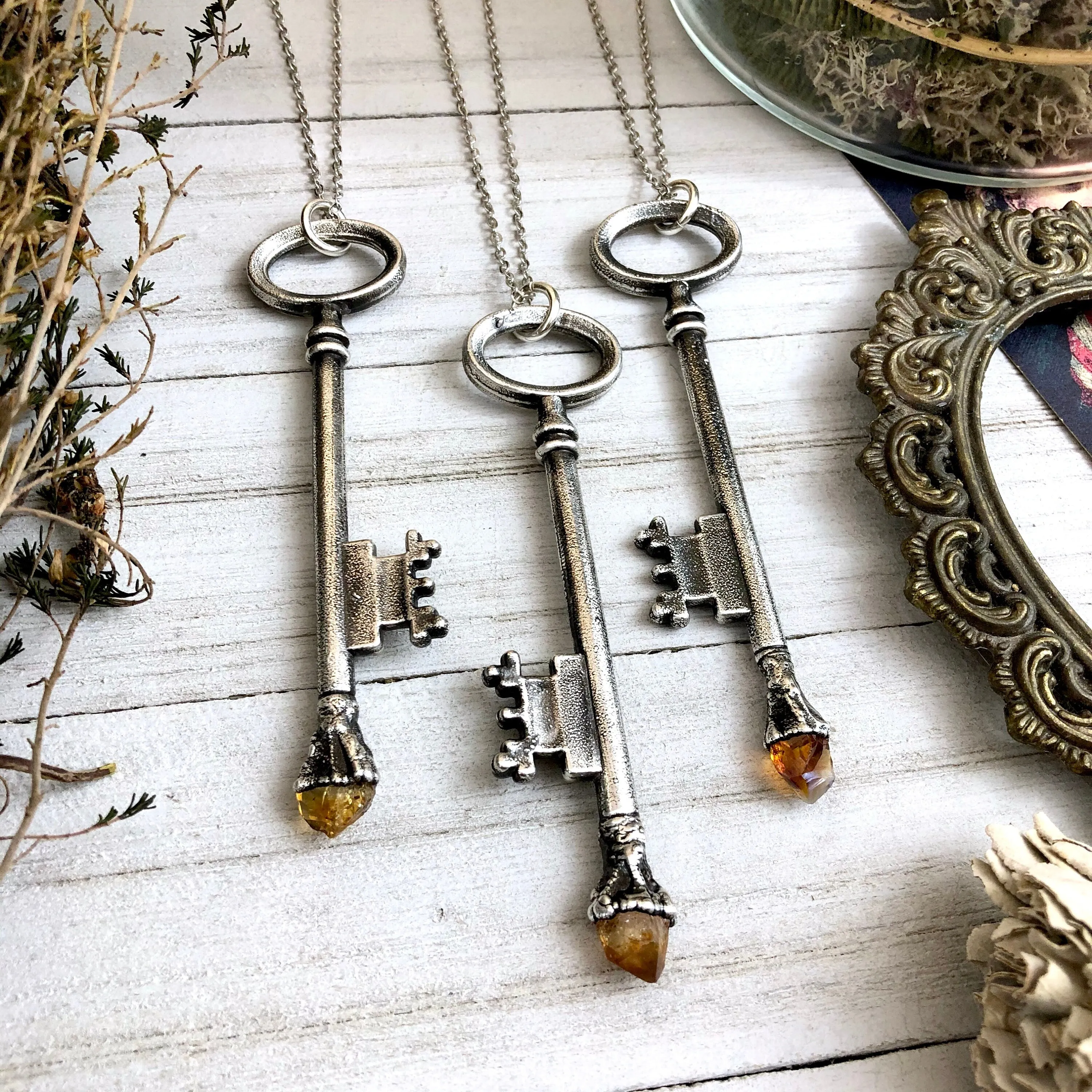 Raw Citrine Vintage Skeleton Key Necklace in Fine Silver / Foxlark Collection - One of a Kind