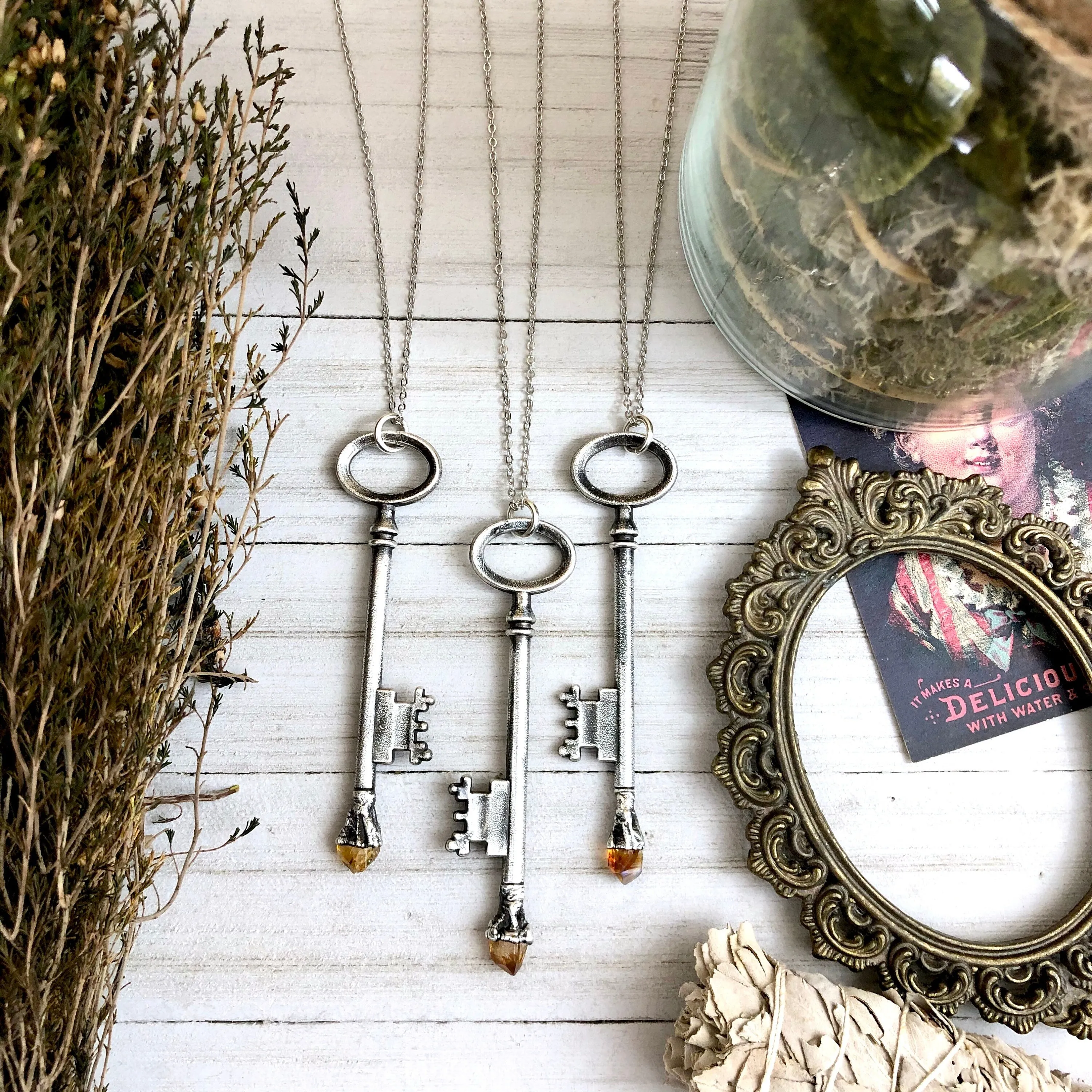 Raw Citrine Vintage Skeleton Key Necklace in Fine Silver / Foxlark Collection - One of a Kind