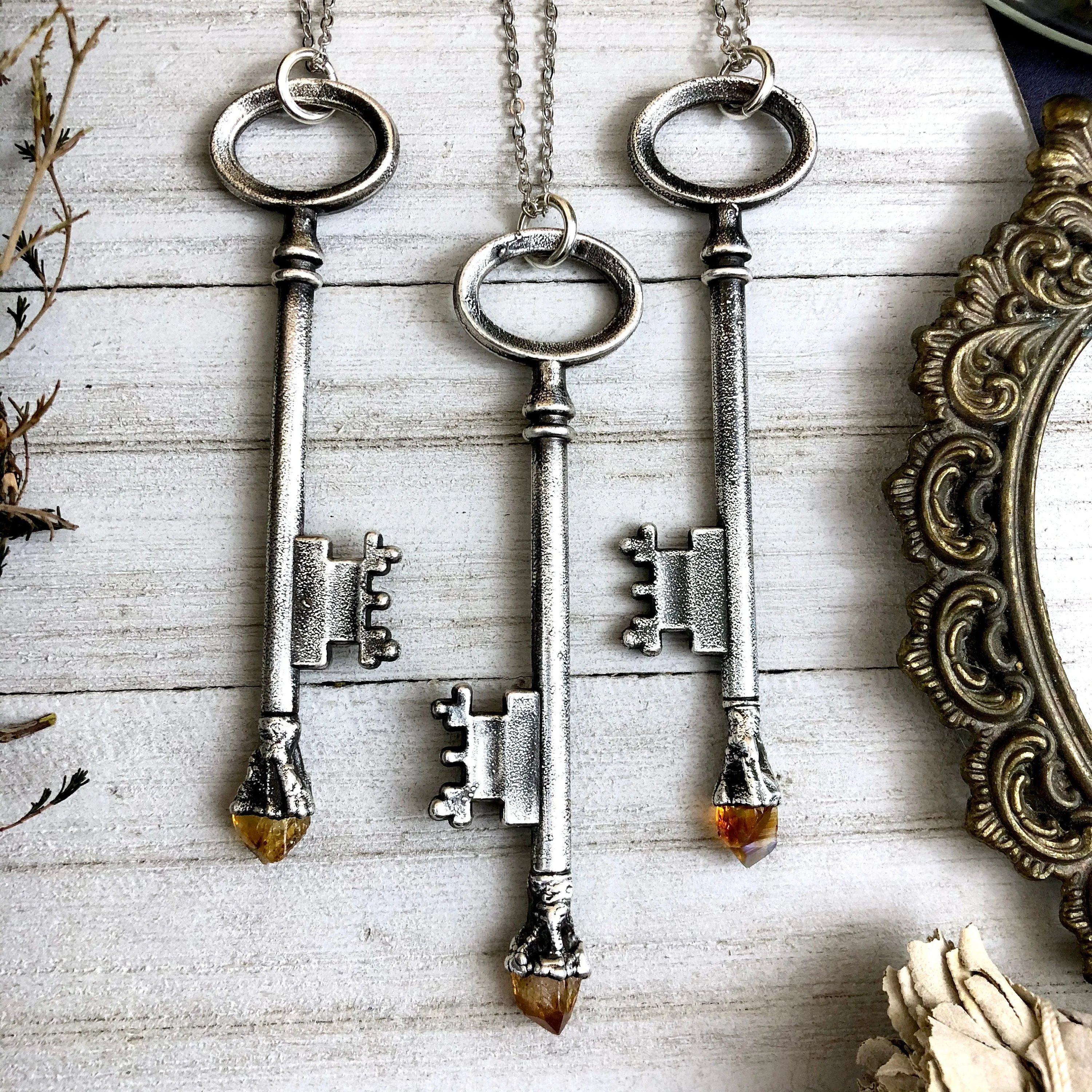 Raw Citrine Vintage Skeleton Key Necklace in Fine Silver / Foxlark Collection - One of a Kind