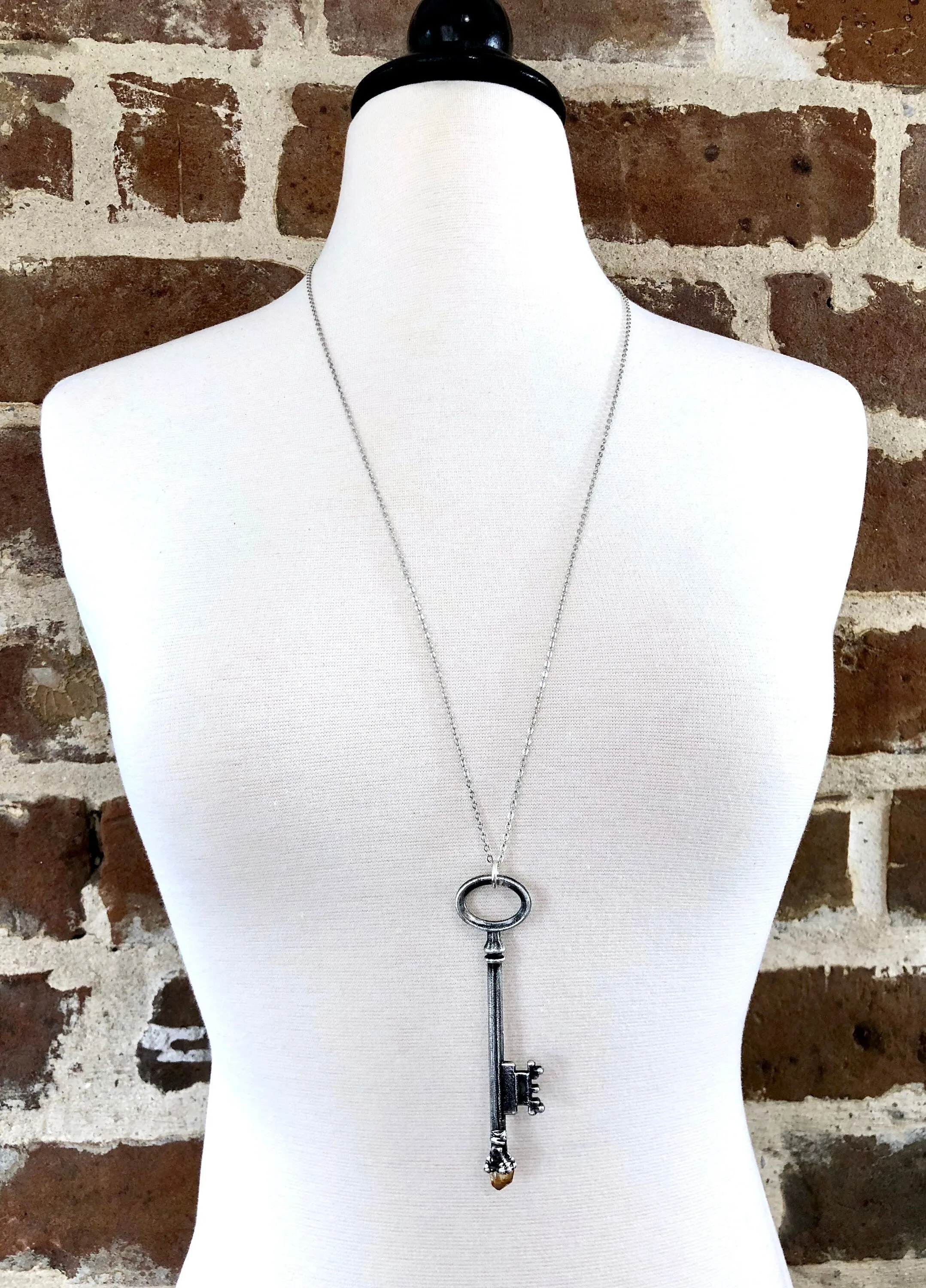 Raw Citrine Vintage Skeleton Key Necklace in Fine Silver / Foxlark Collection - One of a Kind