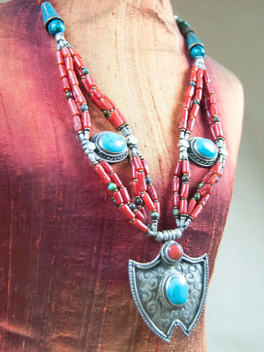 Red Coral beaded Turquoise Silver Necklace