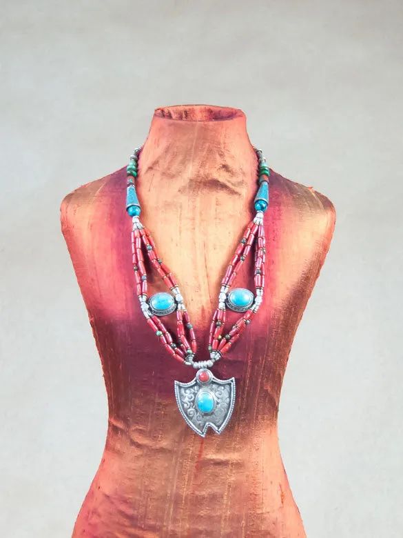 Red Coral beaded Turquoise Silver Necklace