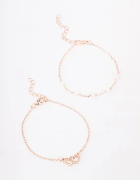 Rose Gold Pearl Diamante Heart Bracelet 2-Pack