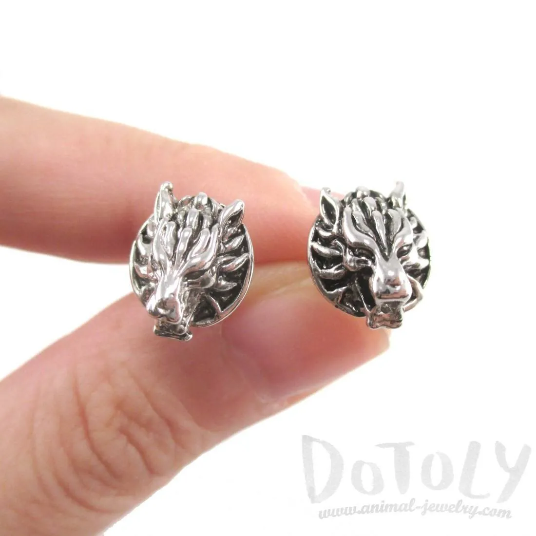 Round Dragon Face Animal Themed Stud Earrings in Silver | DOTOLY