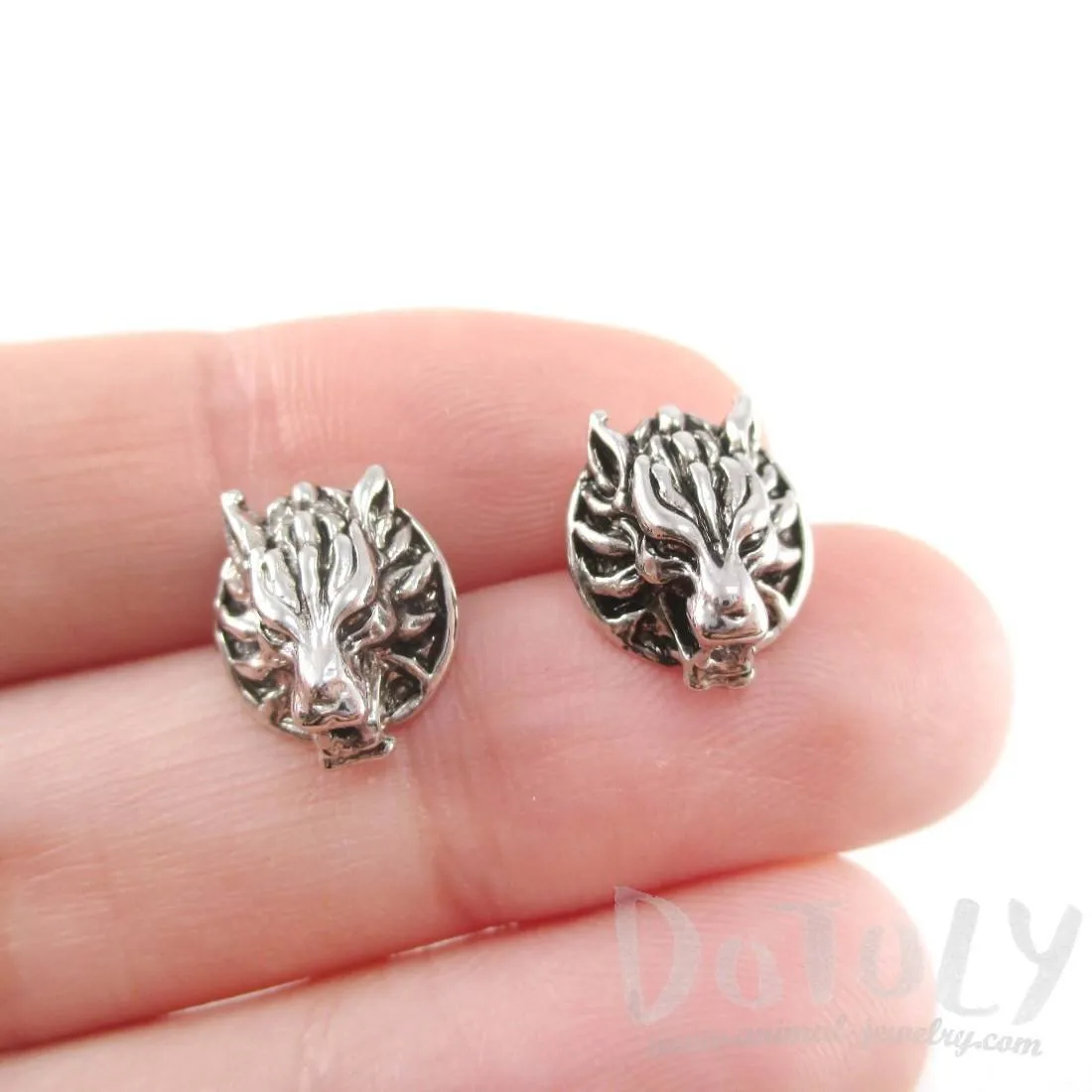 Round Dragon Face Animal Themed Stud Earrings in Silver | DOTOLY