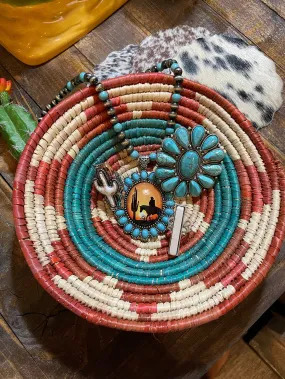 Rusty Turquoise 8” woven JEWELRY BOWL