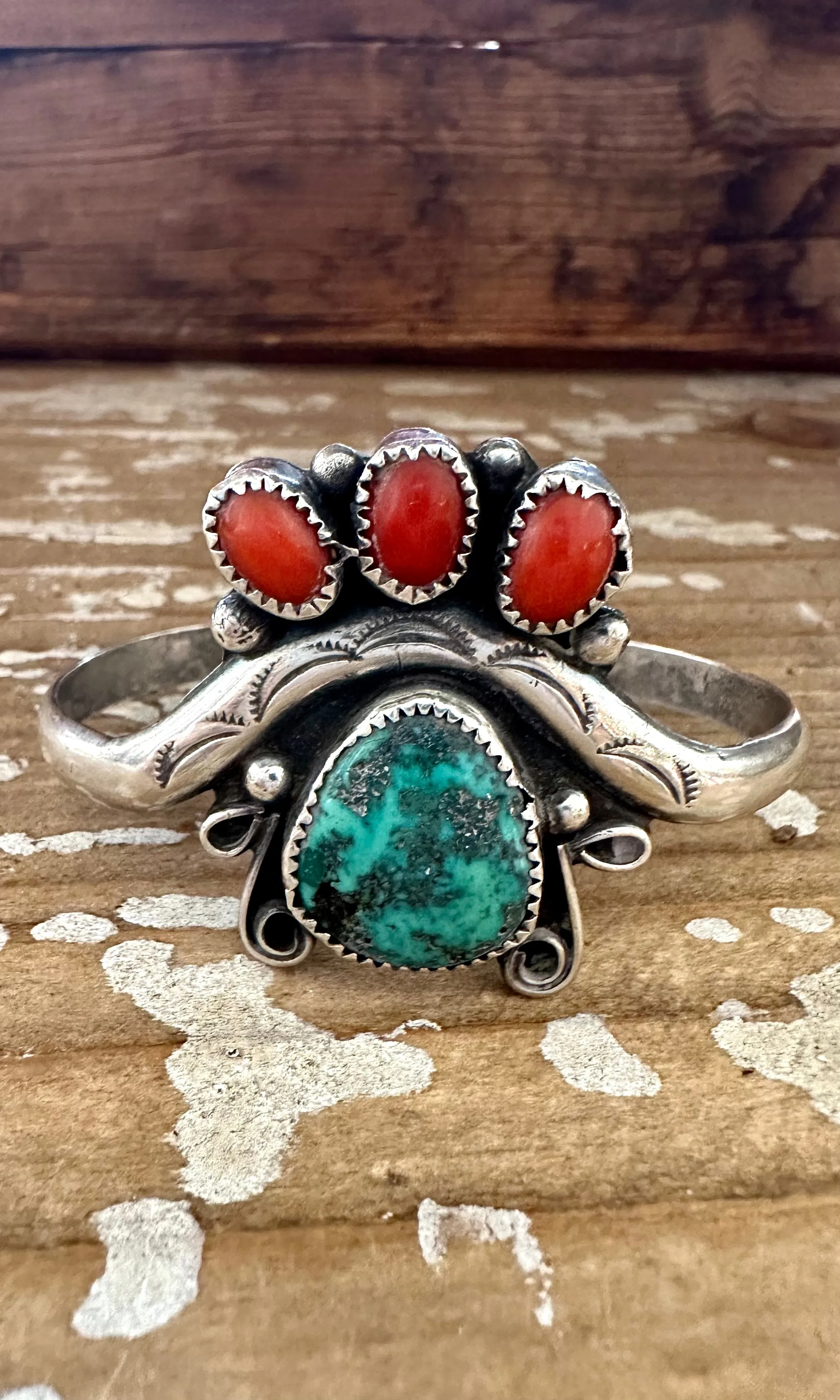 SEE THROUGH Sterling Silver, Coral, Turquoise Cuff