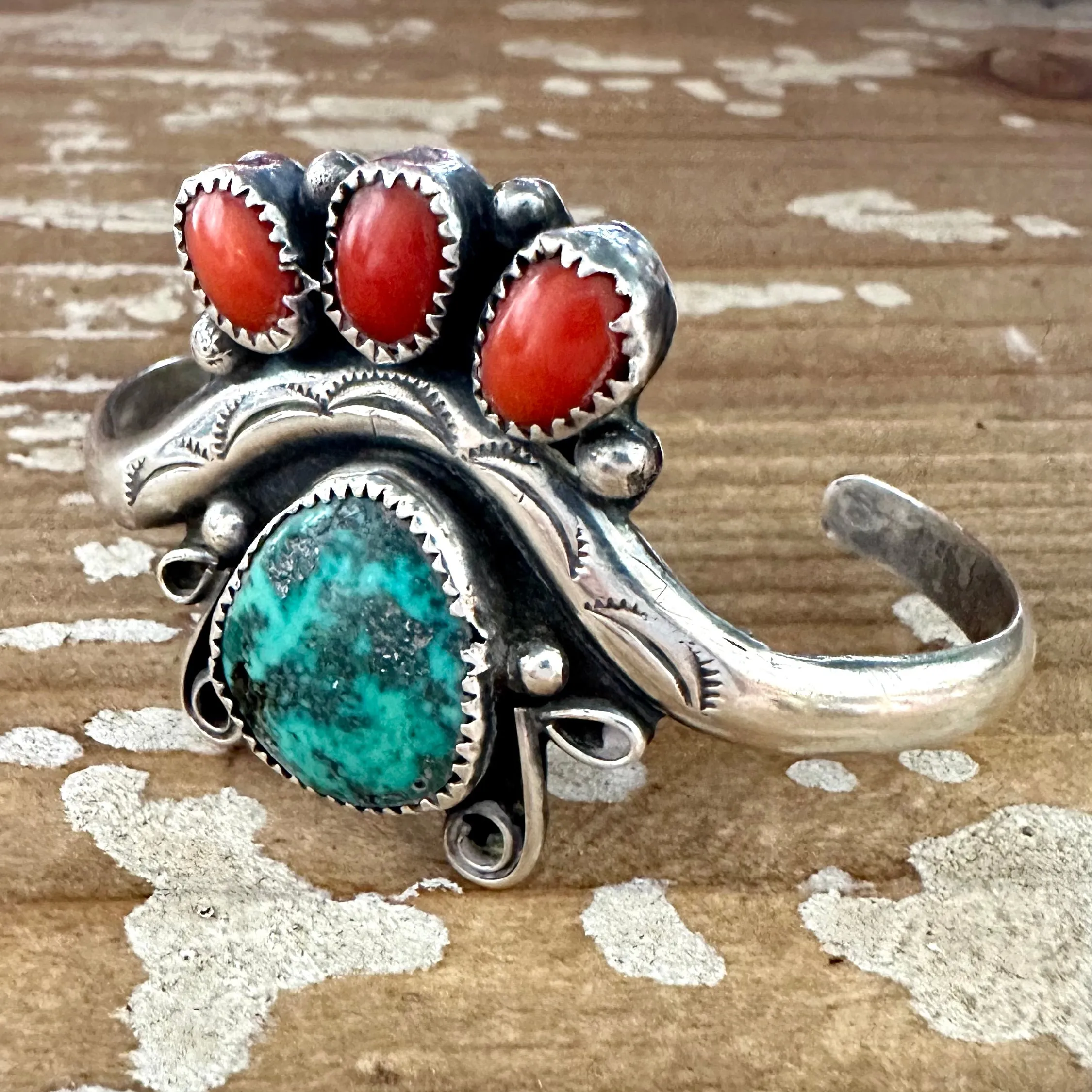 SEE THROUGH Sterling Silver, Coral, Turquoise Cuff