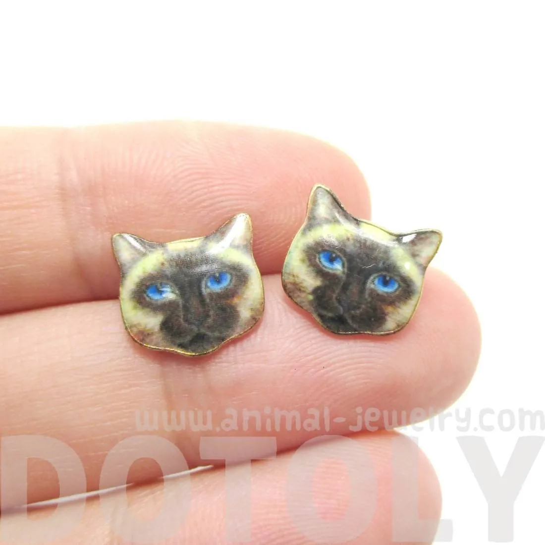 Small Siamese Kitty Cat Face Shaped Stud Earrings | Animal Jewelry