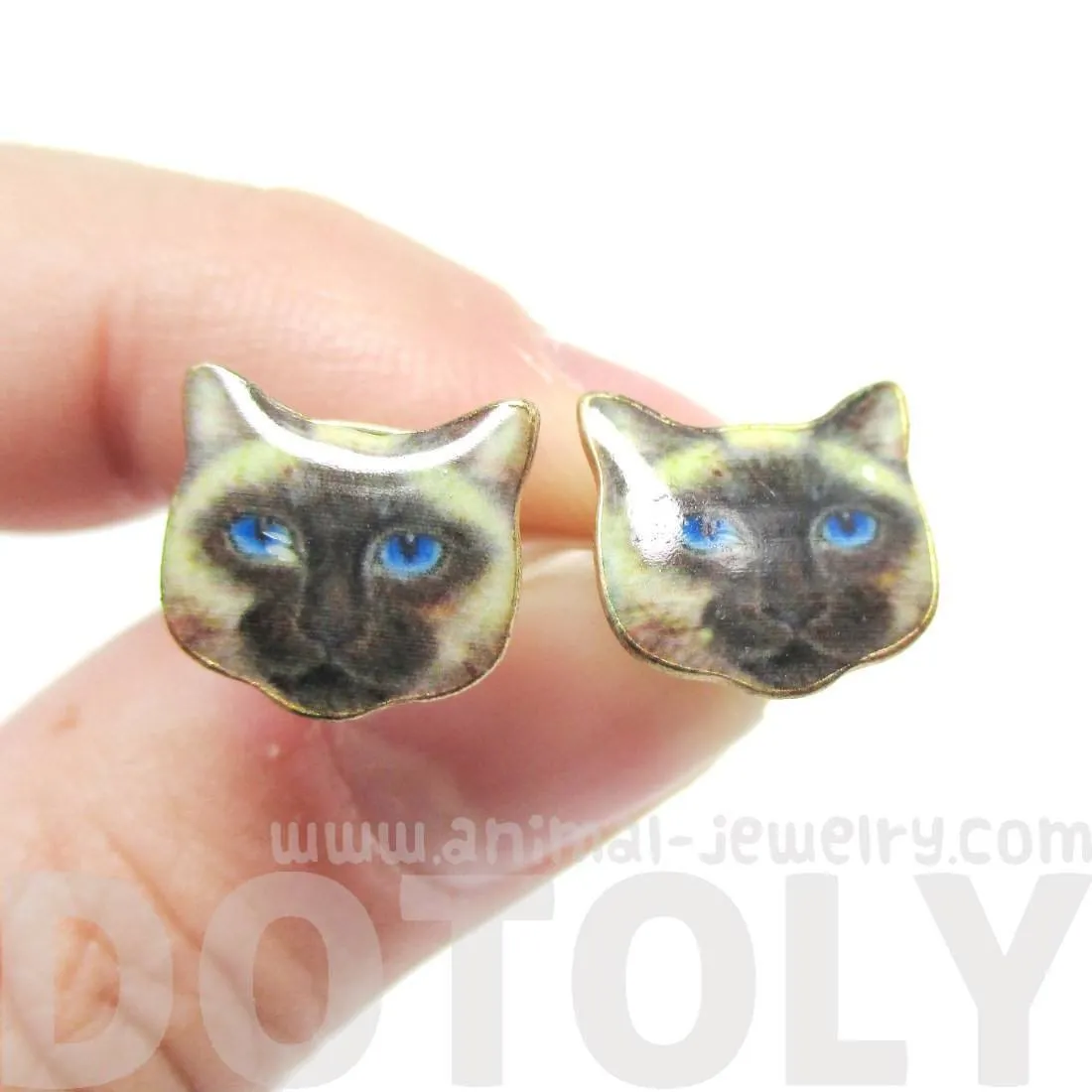 Small Siamese Kitty Cat Face Shaped Stud Earrings | Animal Jewelry