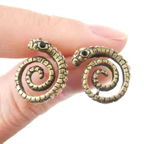 Snake Shaped Stud Earrings in Brass with Rhinestones | Animal Jewelry