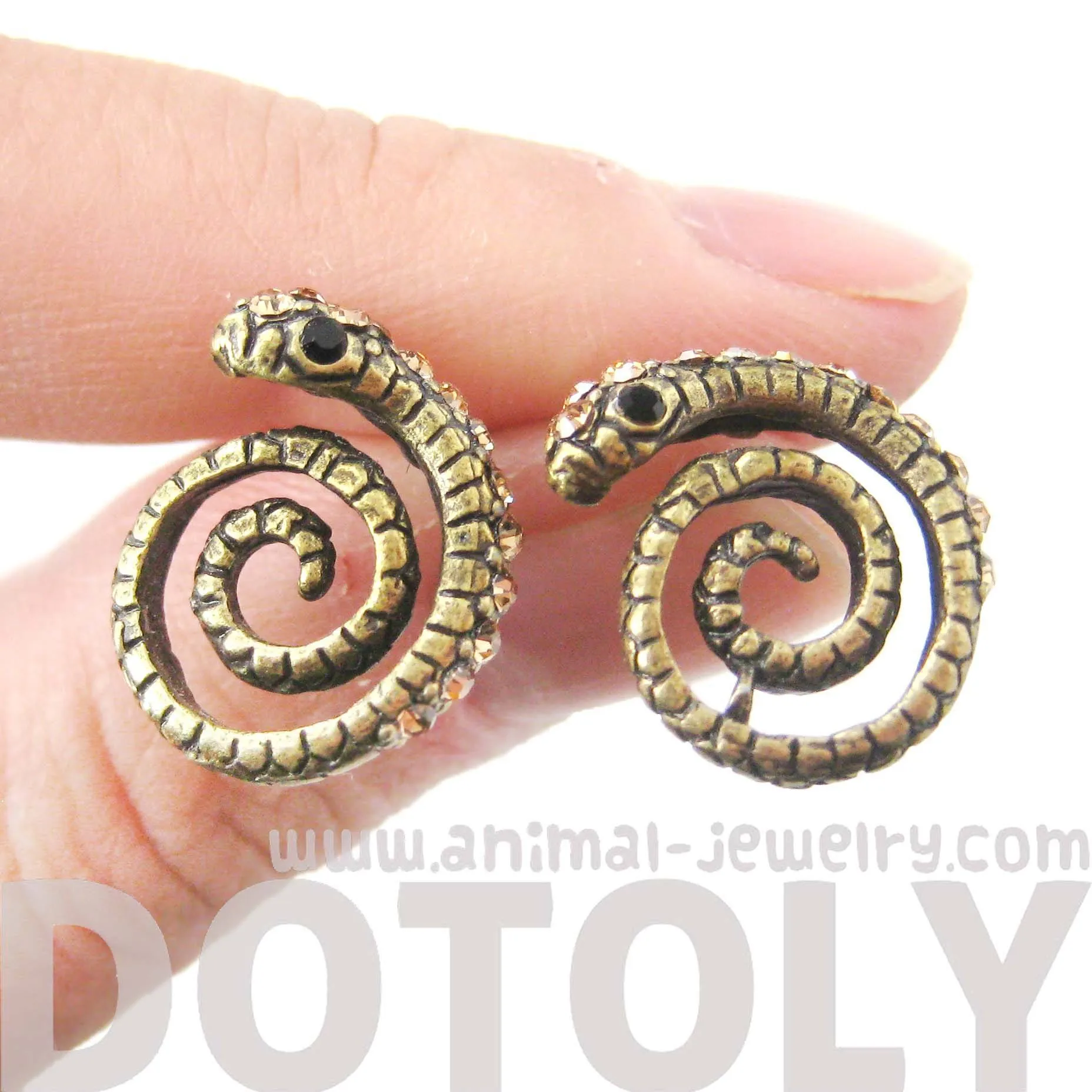 Snake Shaped Stud Earrings in Brass with Rhinestones | Animal Jewelry