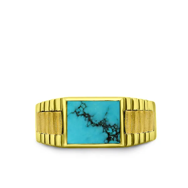 Solid 10k Yellow Gold Ribbed Men's Ring with Genuine Blue Stone