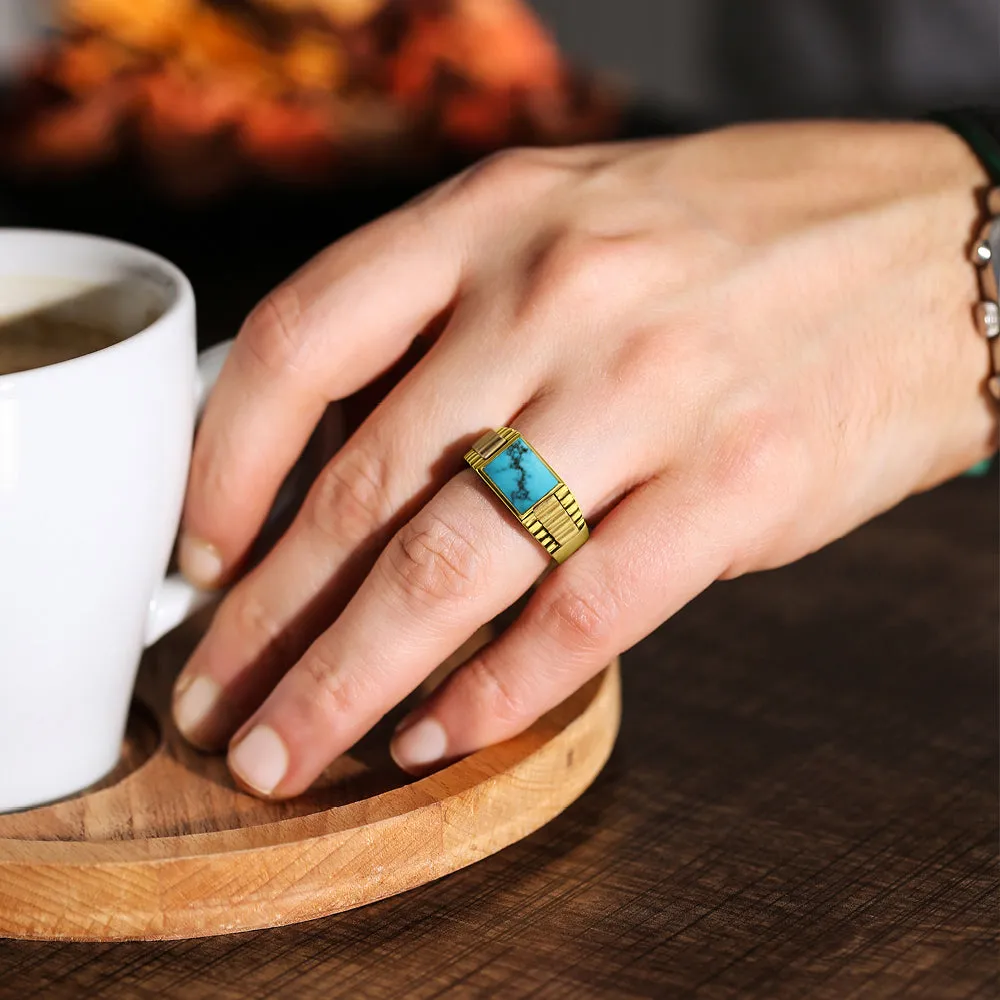 Solid 10k Yellow Gold Ribbed Men's Ring with Genuine Blue Stone