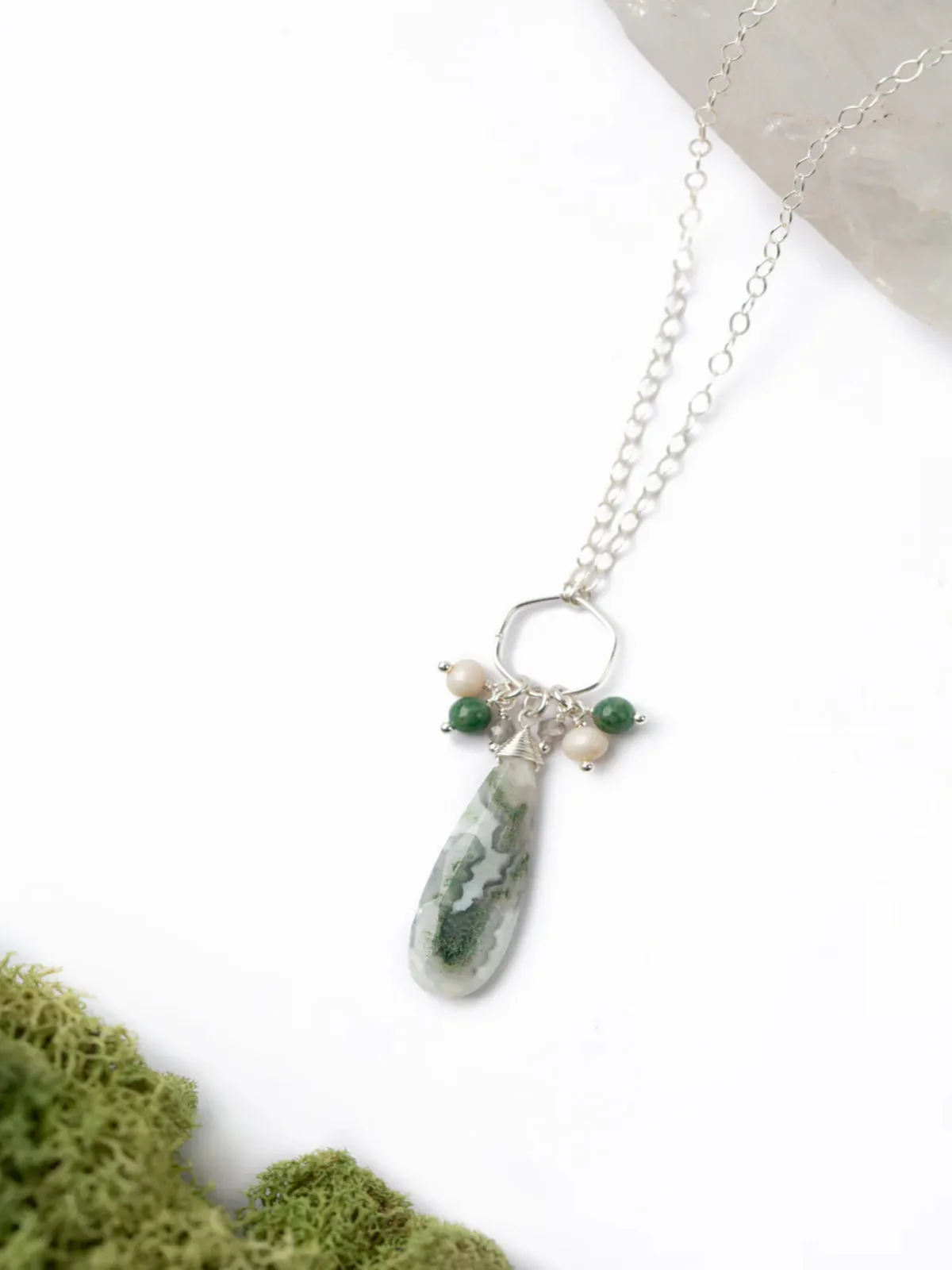 Spring Frost Moss Agate Drop Necklace by Anne Vaughan