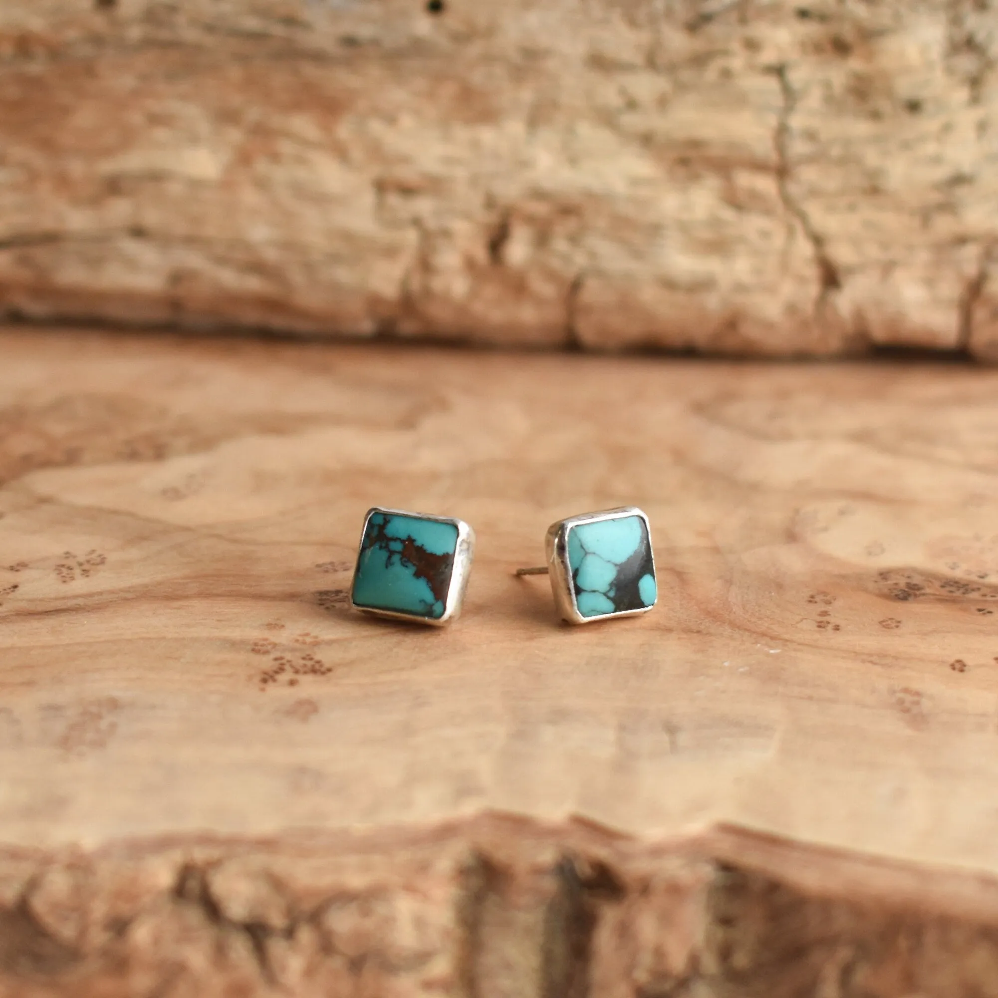 Square Turquoise Posts - Turquoise Studs - Sterling Silver Posts - Silversmith Turquoise Earrings