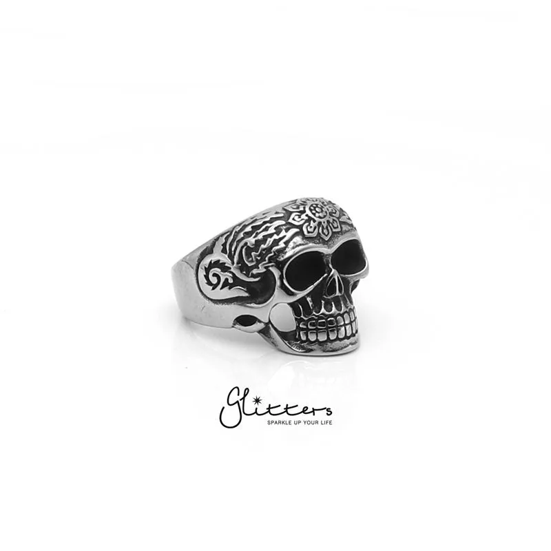 Stainless Steel Decorated Day of the Dead Sugar Skull Ring