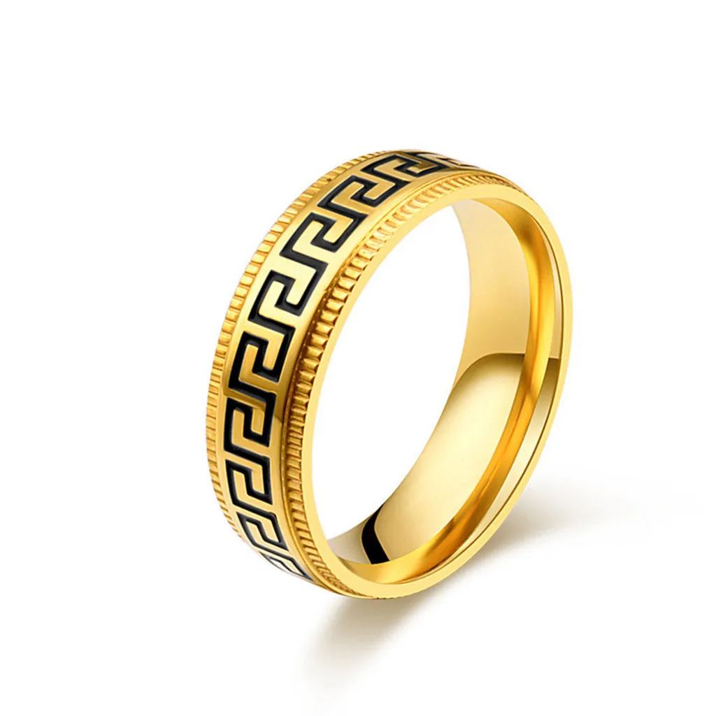 Stainless Steel Greek Key Pattern Band Ring - Gold