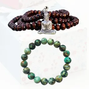 Stay Positive Meditation 108 Mala Necklace & African Turquoise Bracelet Set