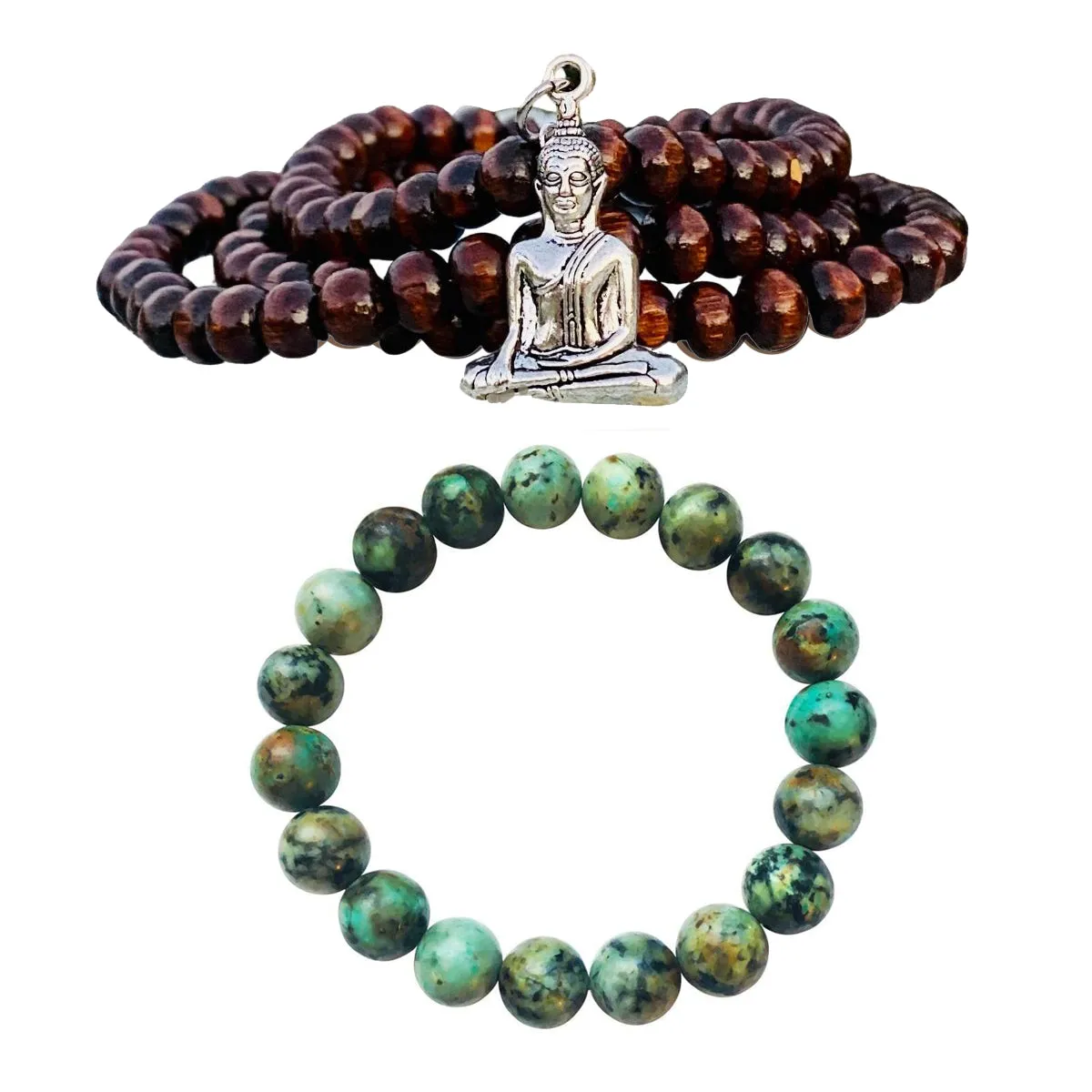 Stay Positive Meditation 108 Mala Necklace & African Turquoise Bracelet Set