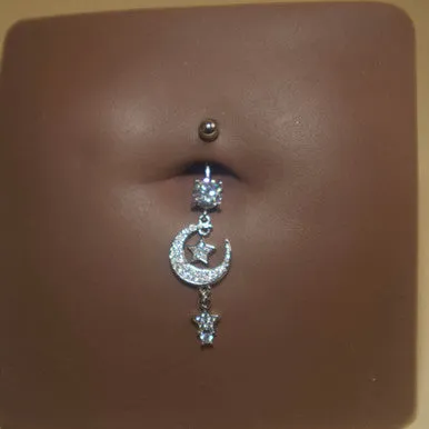 Steel Dangling Half-Moon Star Navel Belly Button Ring