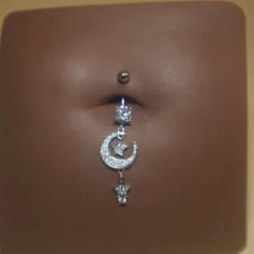 Steel Dangling Half-Moon Star Navel Belly Button Ring