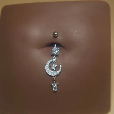 Steel Dangling Half-Moon Star Navel Belly Button Ring