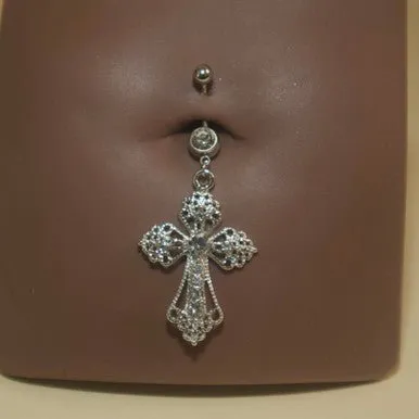 Steel Gem Gothic Cross Navel Belly Ring Button Body Piercing