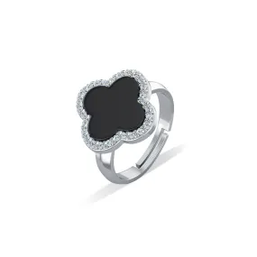 Sterling Silver Onyx Pave Clover Ring