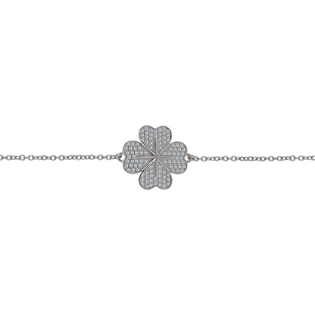 Sterling Silver Sparkling Four Leaf Clover Heart Bracelet