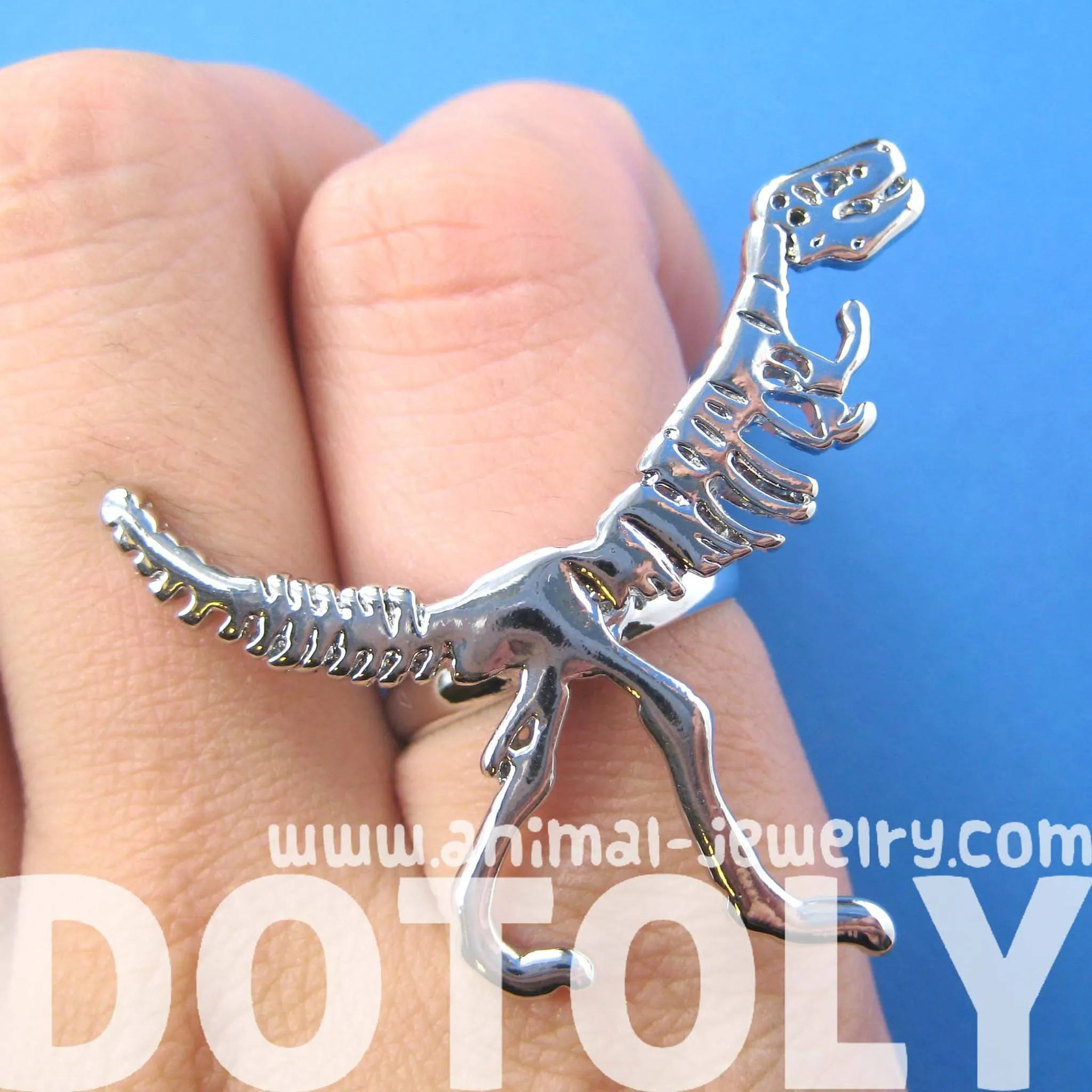 T-Rex Dinosaur Dino Fossil Skeleton Bones Adjustable Ring in Shiny Silver