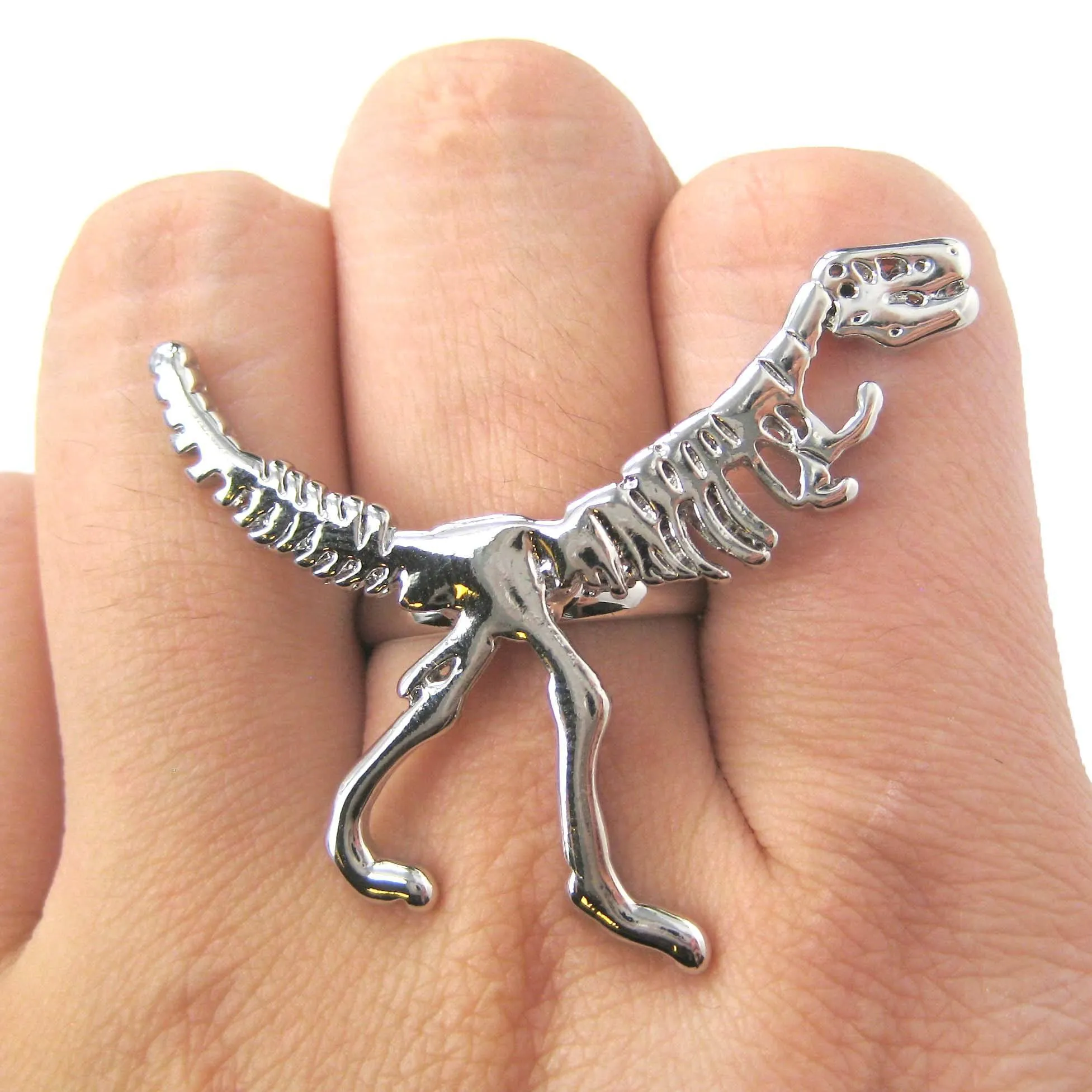 T-Rex Dinosaur Dino Fossil Skeleton Bones Adjustable Ring in Shiny Silver